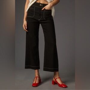 Anthropologie Maeve The Colette Cropped Wide-Leg Pants Contrast-Stitch Black 31